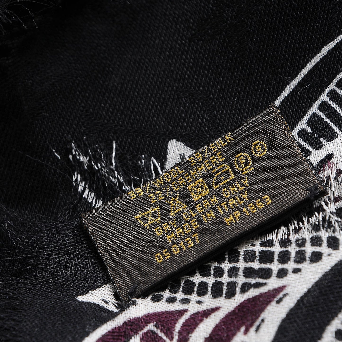 Silk Wool Cashmere Macro Indian Flower Stole Black