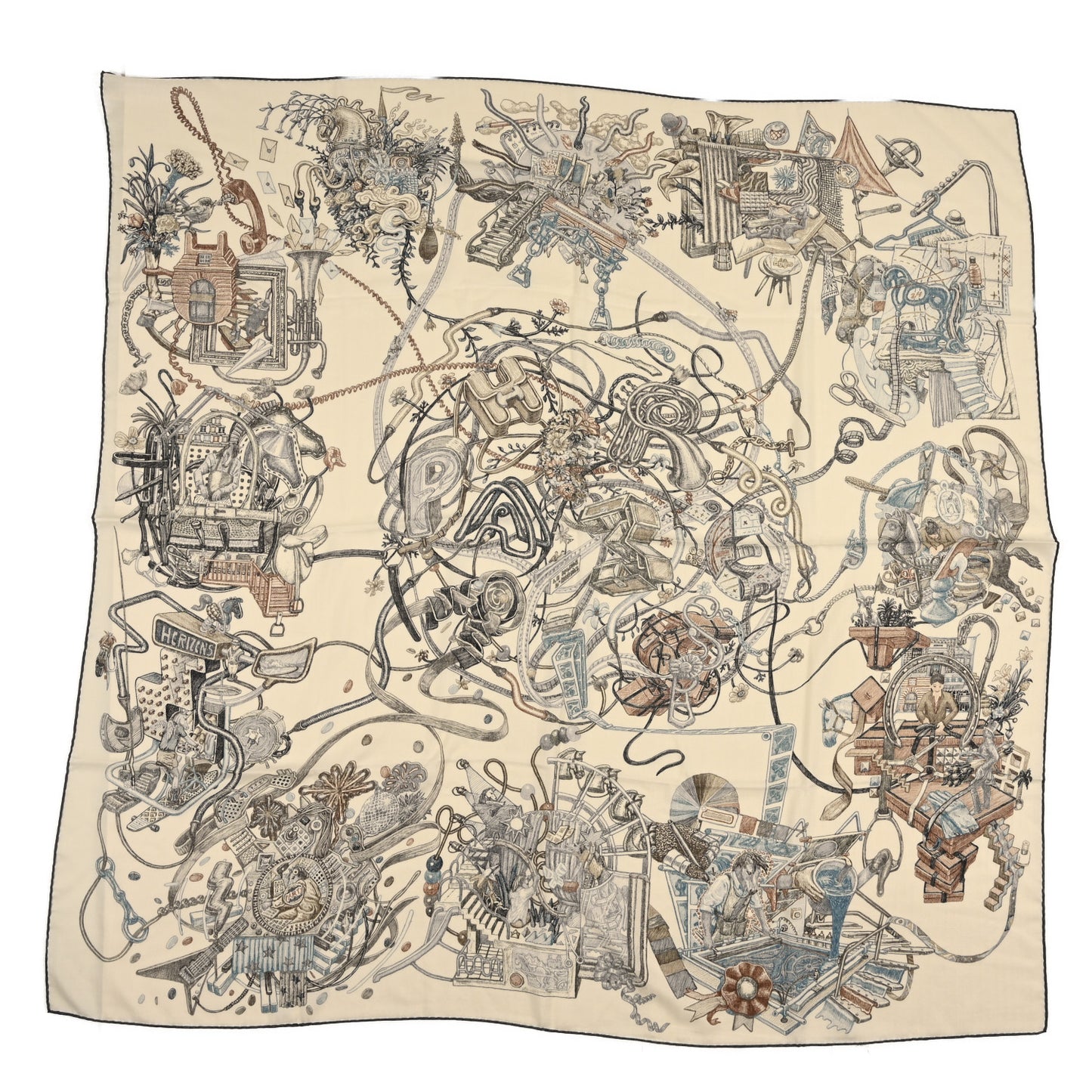 Cashmere Silk Le Monde D'Hermes Shawl 140 White Ardoise Etoupe