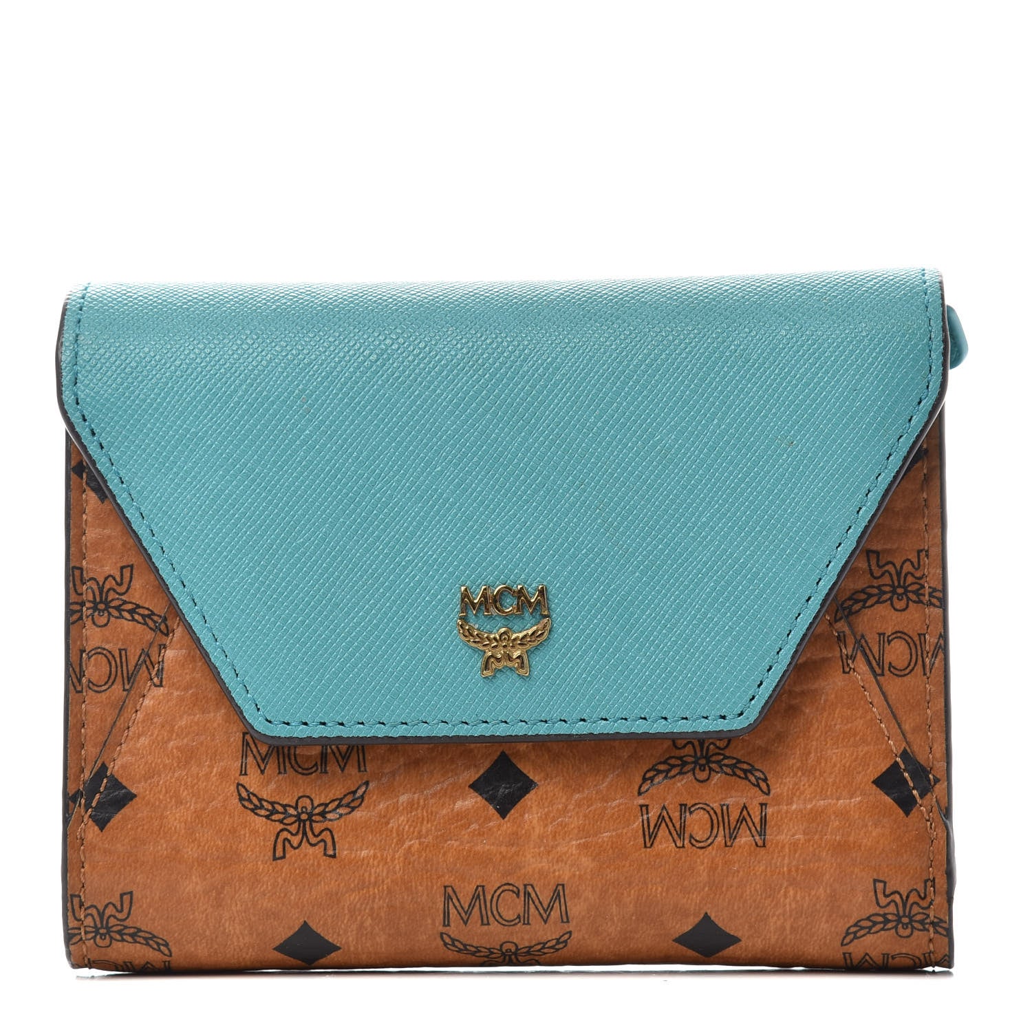 MCM Visetos Tri-Fold Love Letter Flap Wallet Cognac Oasis Green 1 of 6