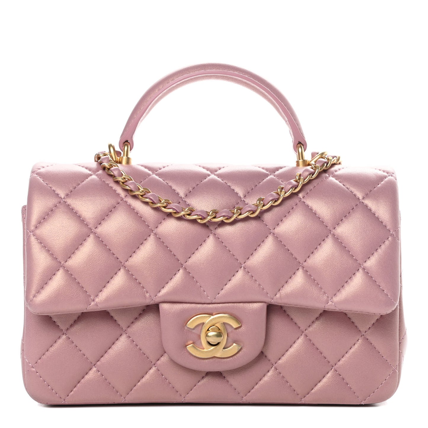 Iridescent Lambskin Quilted Mini Top Handle Rectangular Flap Pink