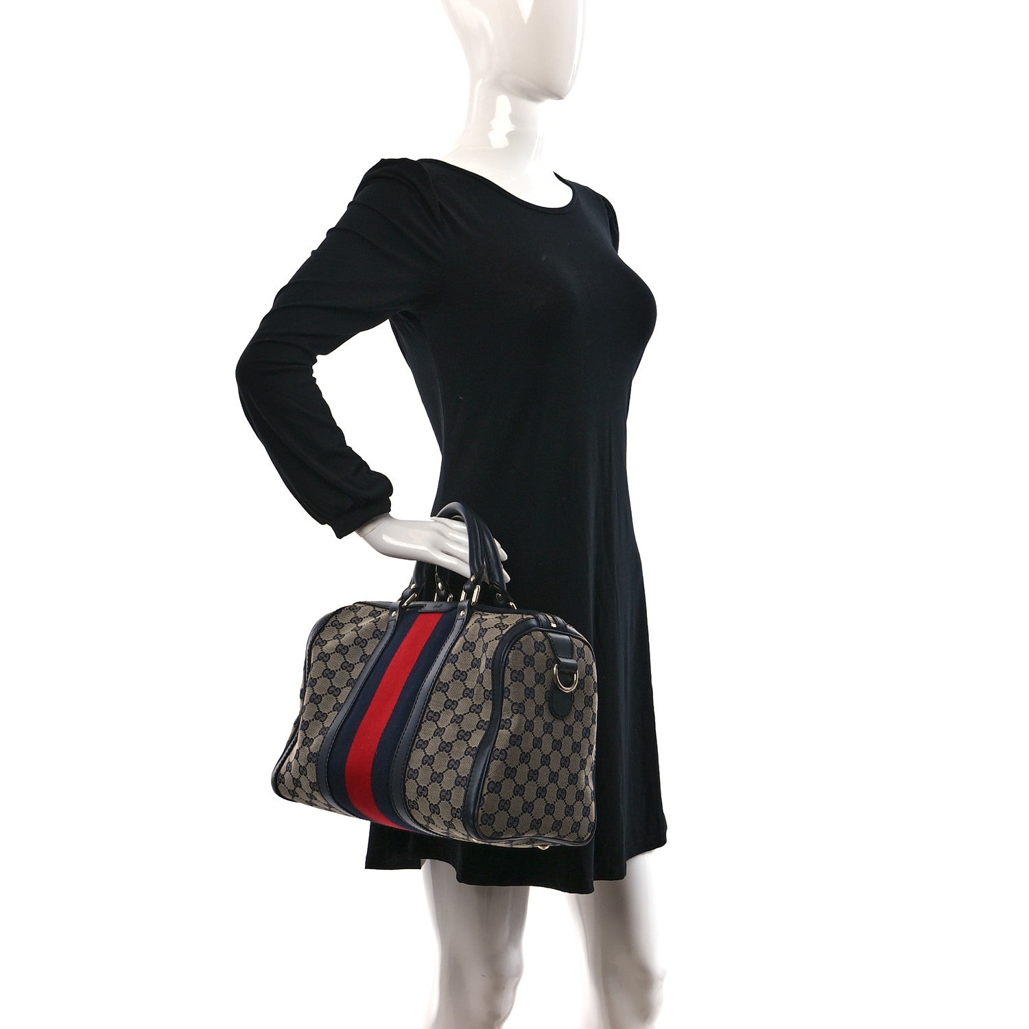 Gucci Monogram Selleria Calfskin Vintage Web Medium Boston Beige Blue 2 of 9