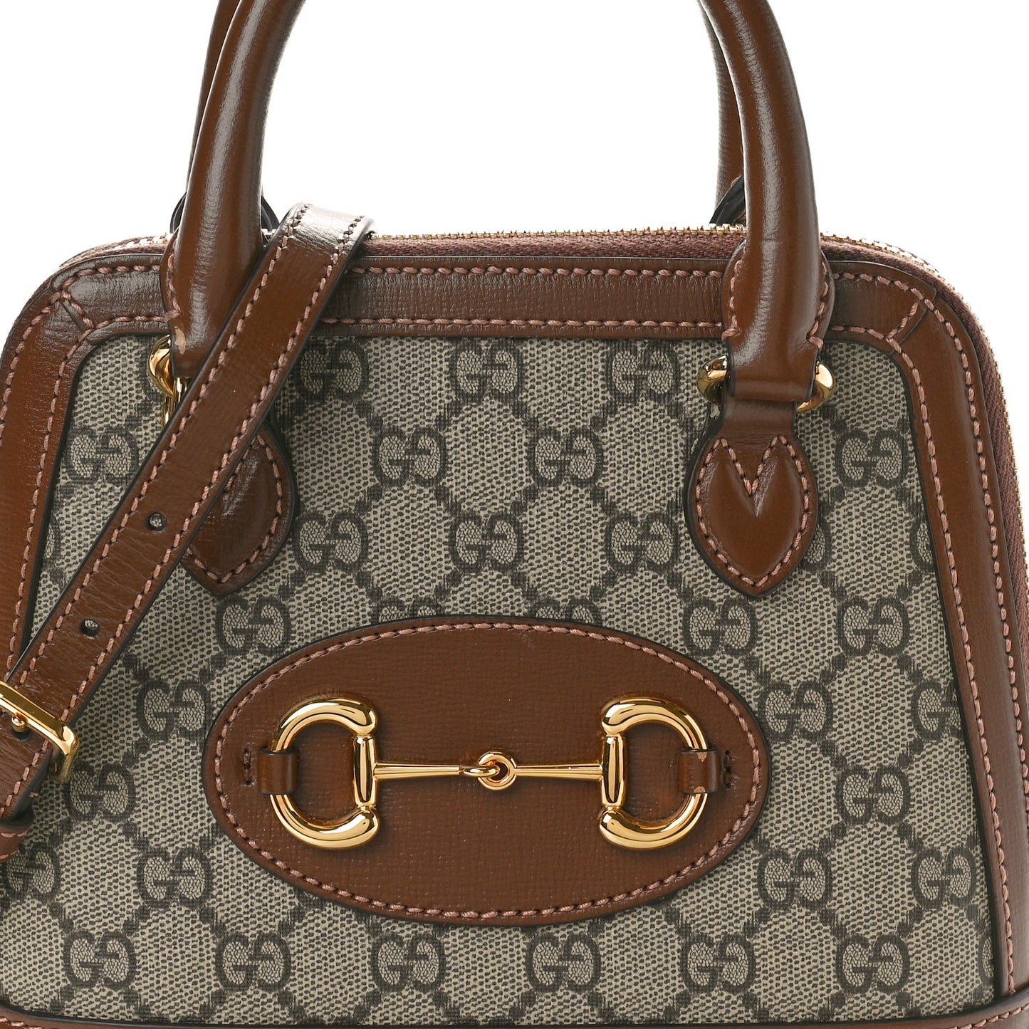 GG Supreme Monogram Azalea Calfskin Mini Horsebit 1955 Top Handle Bag Beige Ebony Brown Sugar