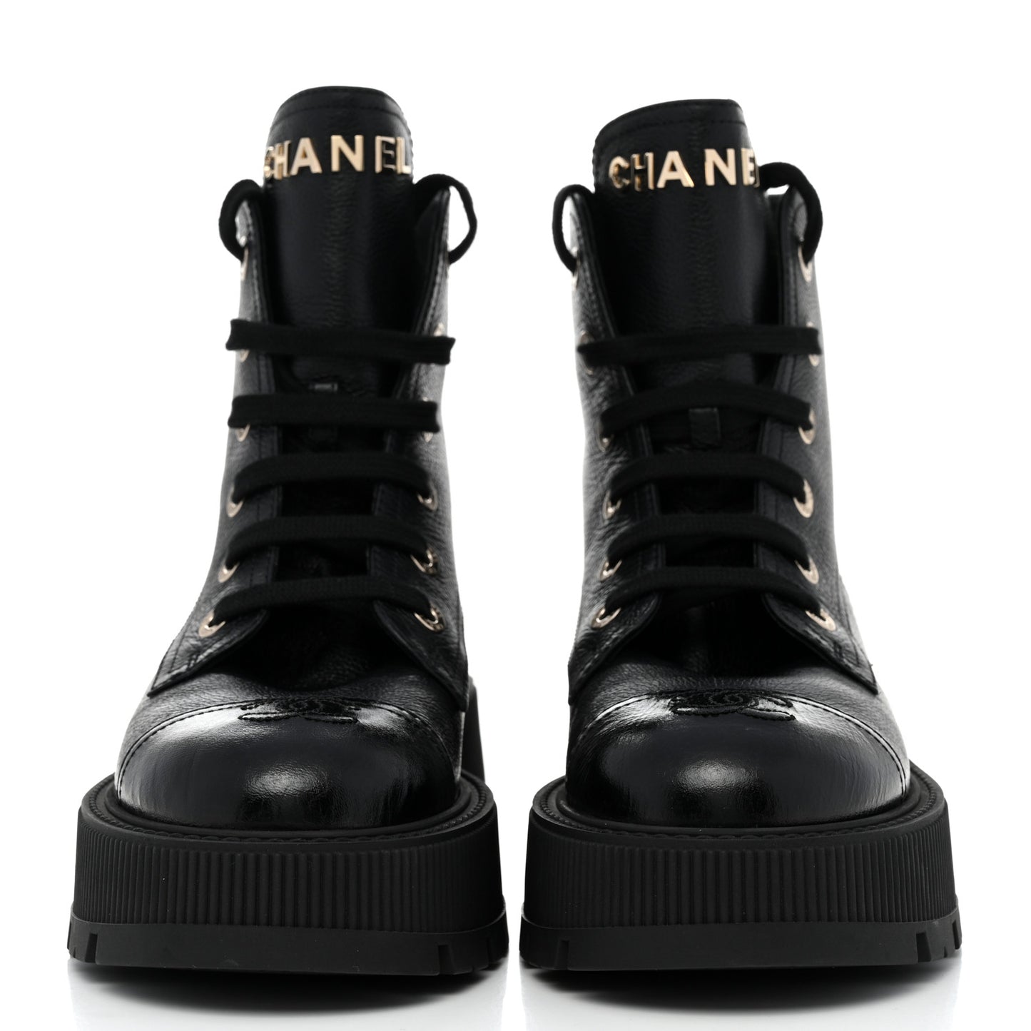 Calfskin CC Lace Up Combat Boots 39.5 Black