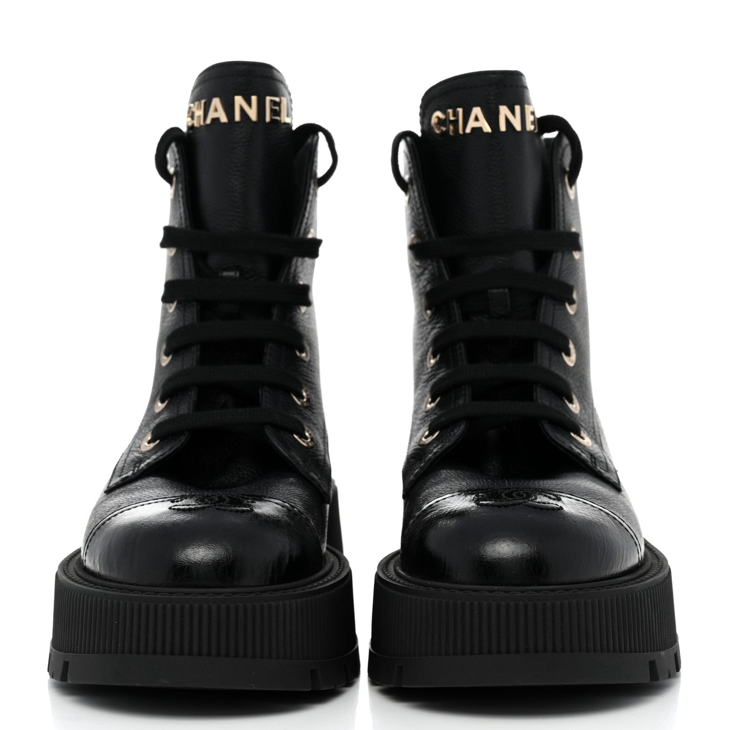 Chanel Calfskin CC Lace Up Combat Boots 39.5 Black 2 of 8