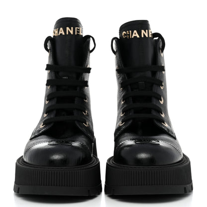 Chanel Calfskin CC Lace Up Combat Boots 39.5 Black 2 of 8