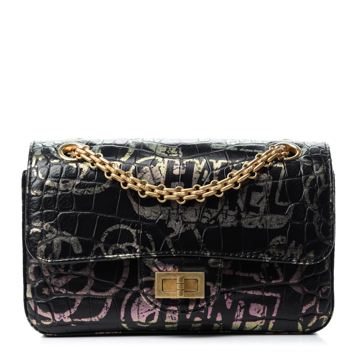 Calfskin Crocodile Embossed Graffiti 2.55 Mini Cocodile Reissue Flap Black Pink