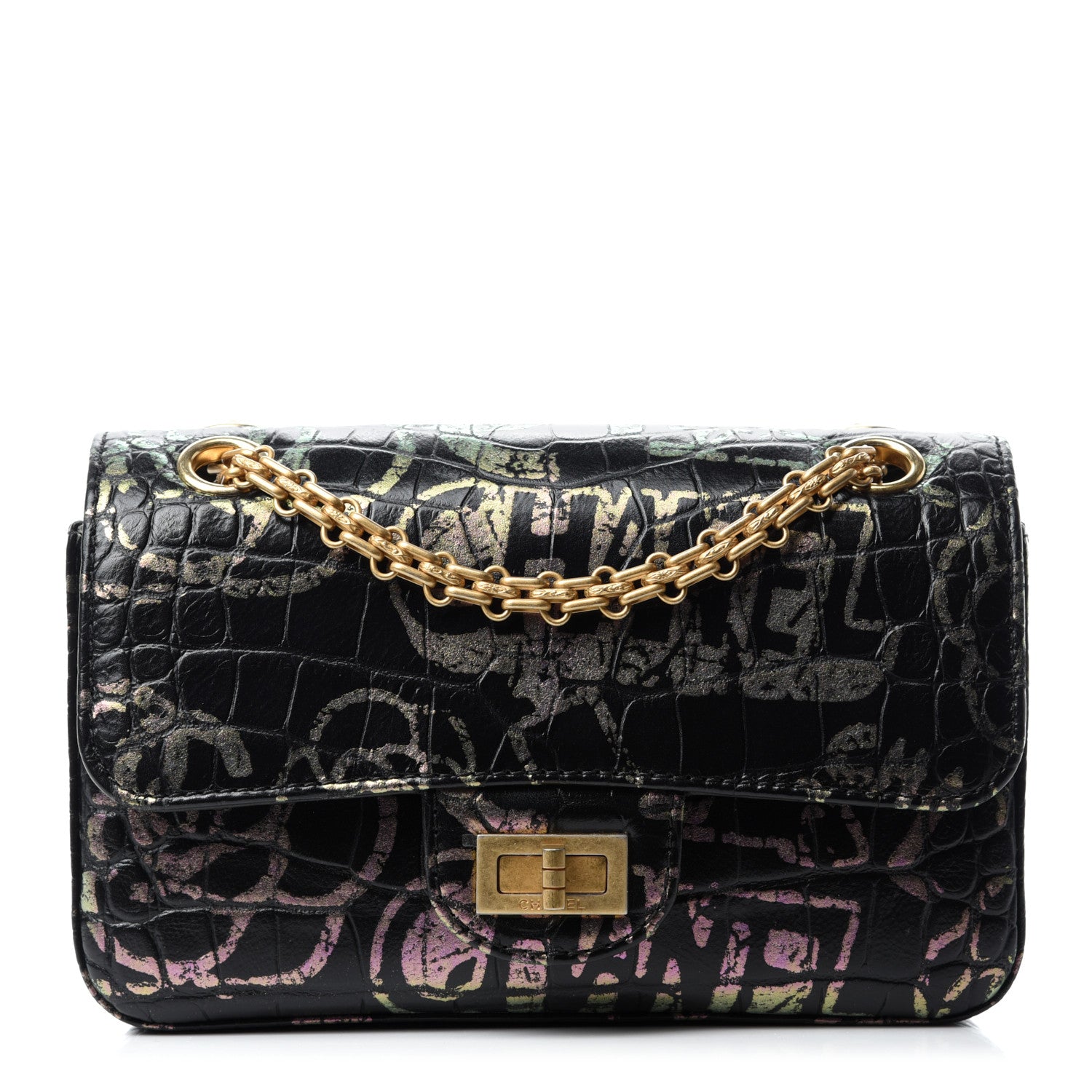Chanel Calfskin Crocodile Embossed Graffiti 2.55 Mini Cocodile Reissue Flap Black Pink 1 of 10