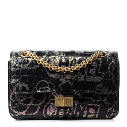 Chanel Calfskin Crocodile Embossed Graffiti 2.55 Mini Cocodile Reissue Flap Black Pink 1 of 10