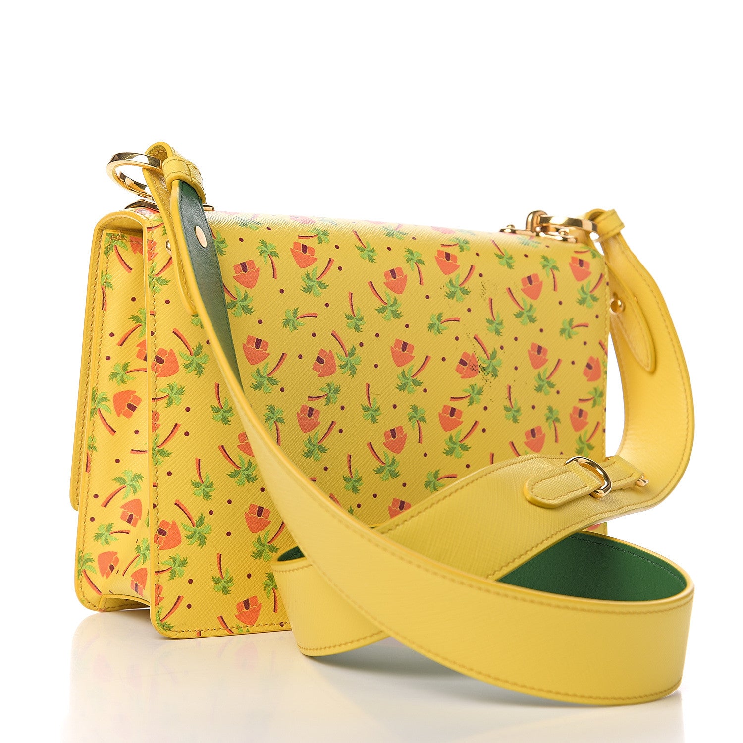 Prada Saffiano Palm Tree Print Shoulder Bag Giallo 2 of 8