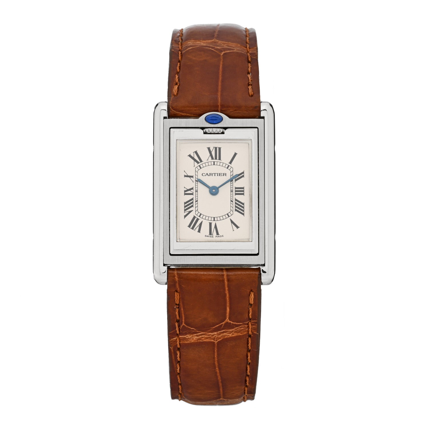 Cartier Stainless Steel Alligator 22mm Tank Basculante Quartz Watch Brown 1 of 5