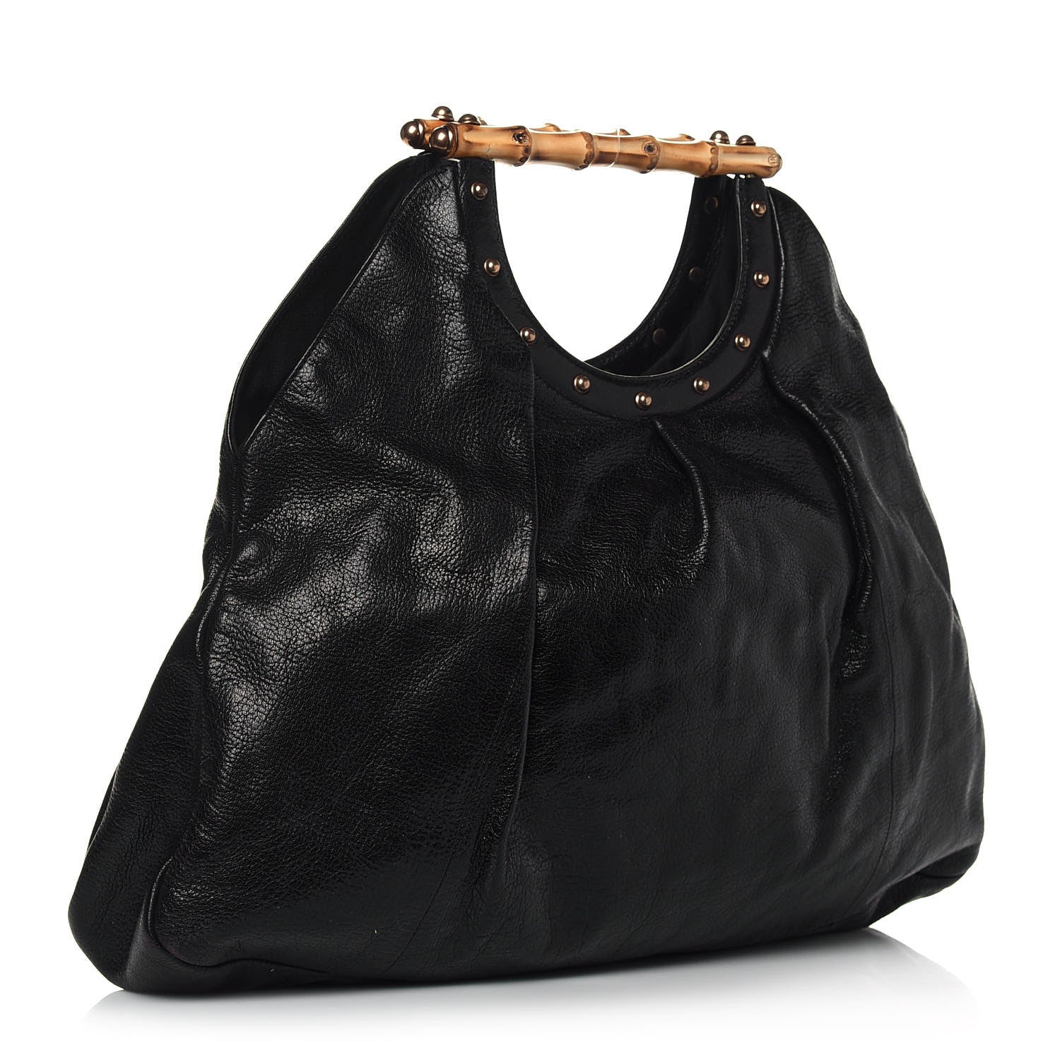 Gucci Calfskin Studded Large Bamboo Handle Tote Black 3 of 12