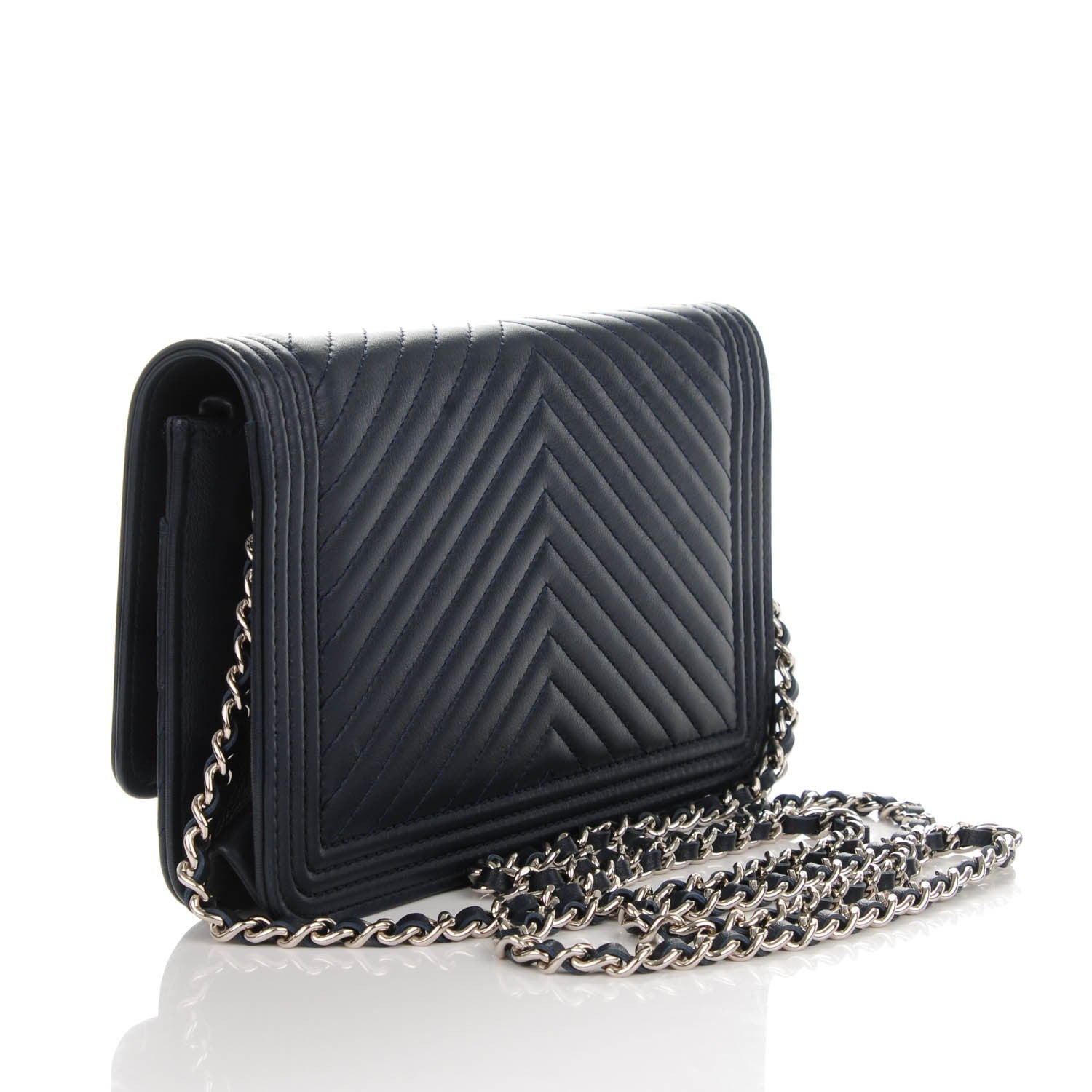 Chanel Calfskin Chevron Quilted Boy Wallet On Chain WOC Navy Blue 3 of 8