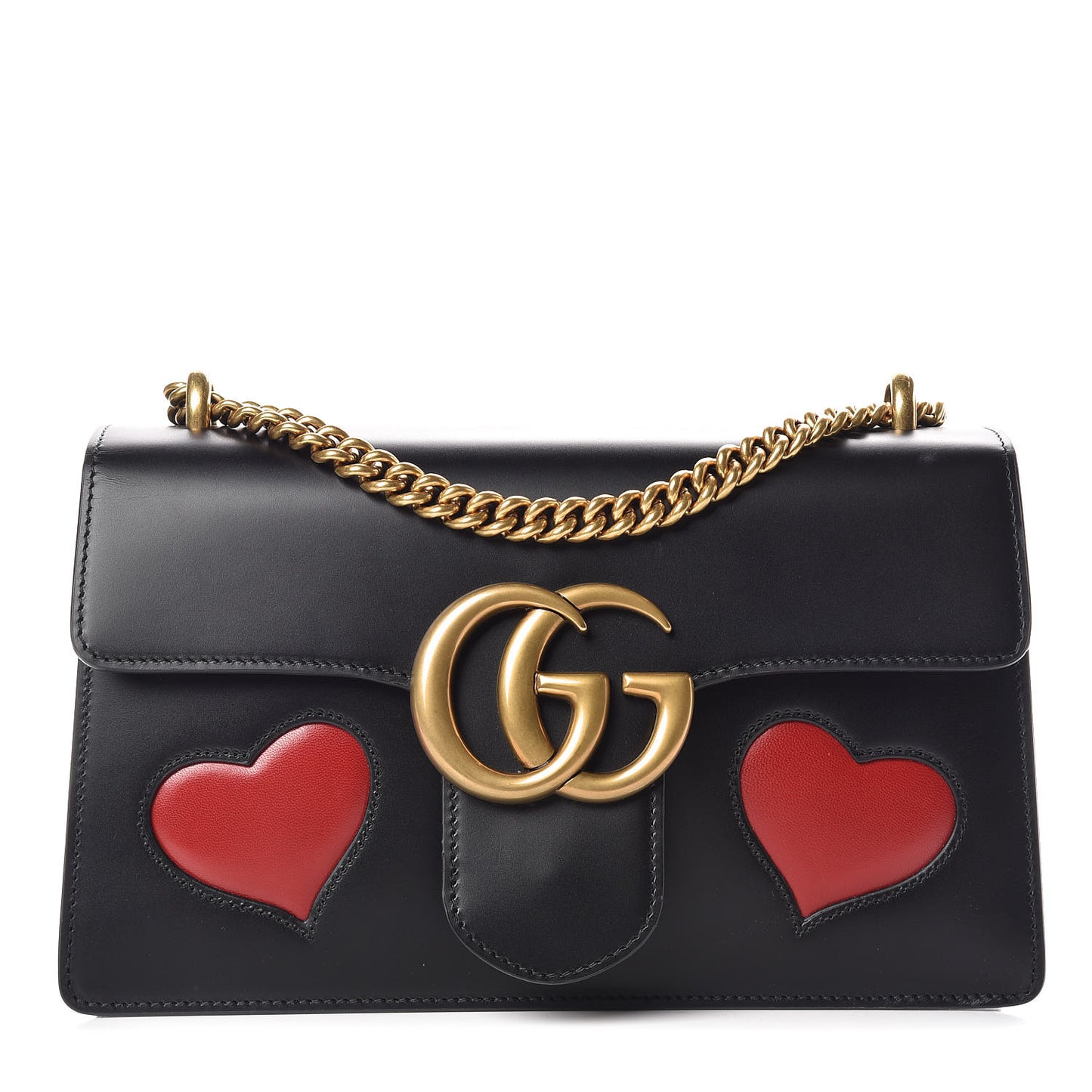 Knight Calfskin Malaga Kid Heart Medium GG Marmont Chain Handle Bag Black Hibiscus Red Multicolor