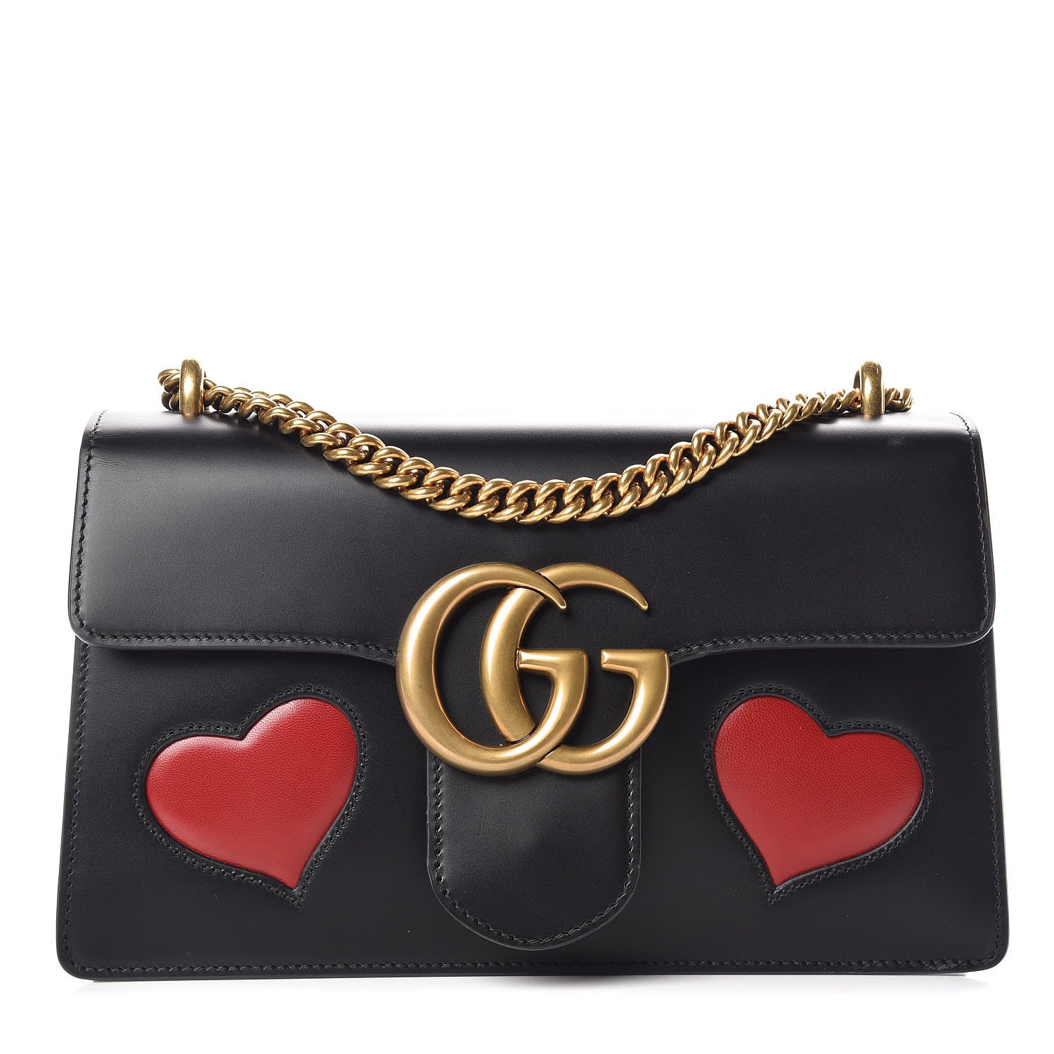 Gucci Knight Calfskin Malaga Kid Heart Medium GG Marmont Chain Handle Bag Black Hibiscus Red Multicolor 1 of 11