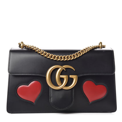 Gucci Knight Calfskin Malaga Kid Heart Medium GG Marmont Chain Handle Bag Black Hibiscus Red Multicolor 1 of 11