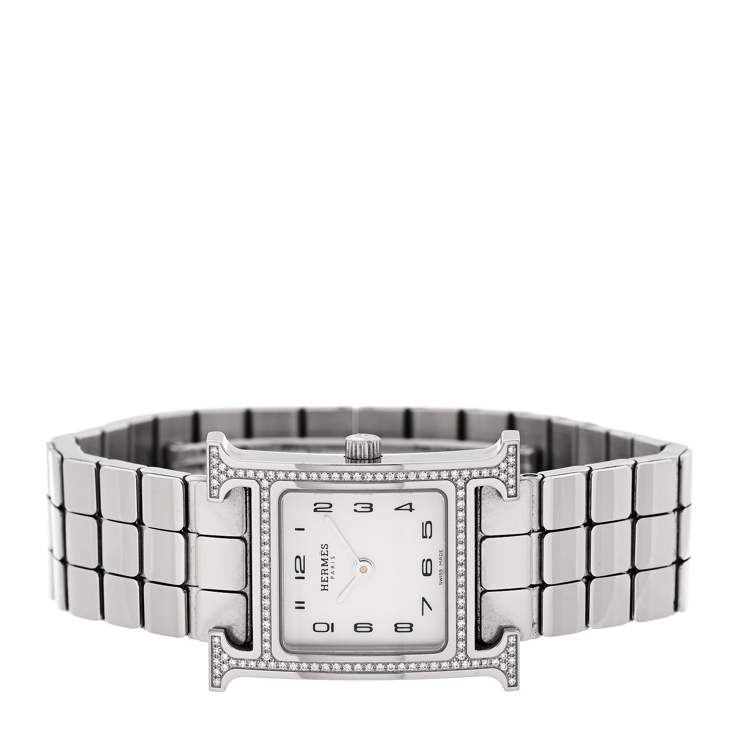 Hermes Stainless Steel Diamond Bezel Mother of Pearl 21mm Heure H Hour Quartz Watch 2 of 5