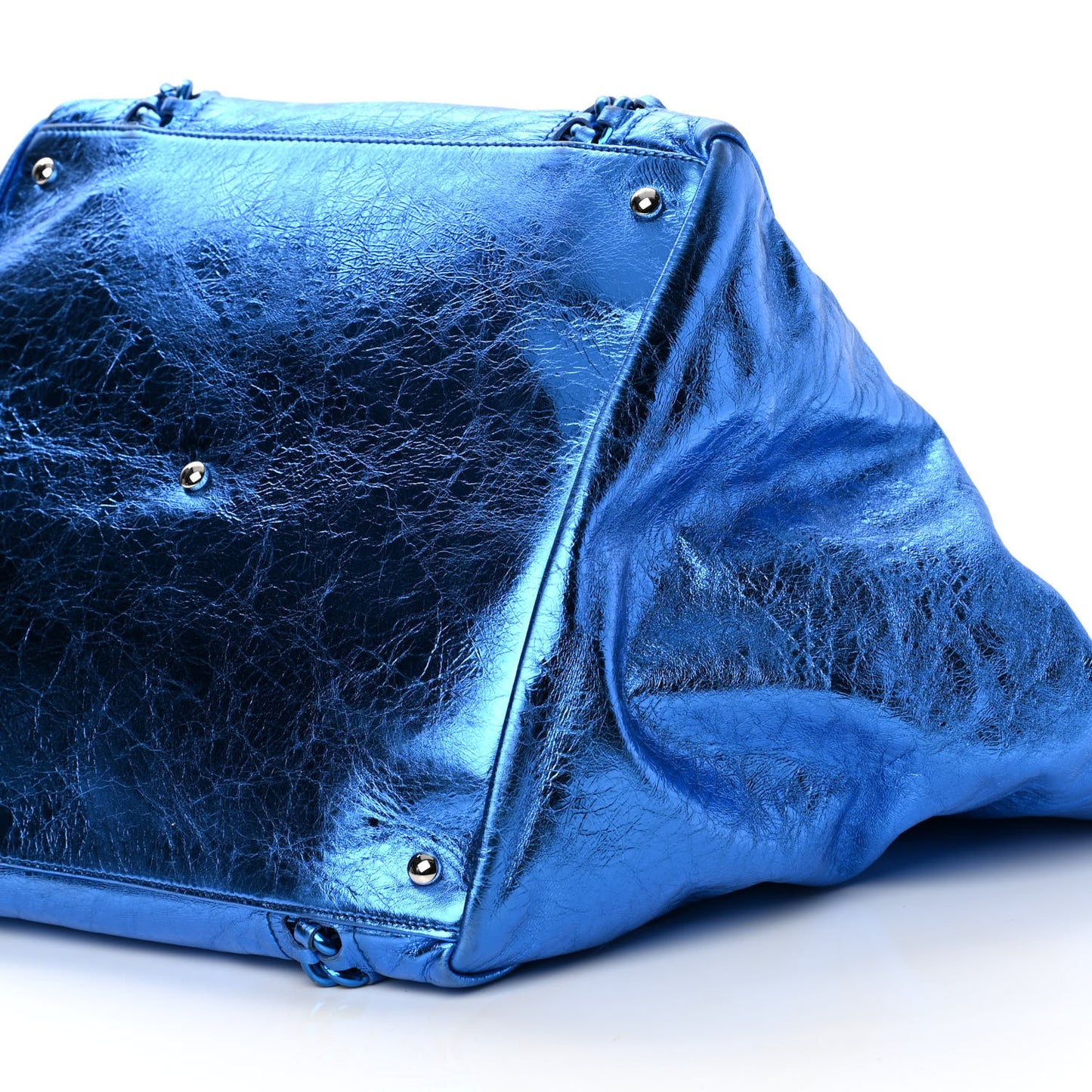 Metallic Cracked Calfskin Modern Chain Tote Blue