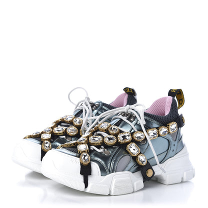 Gucci X SEGA Metallic Calfskin Removable Crystals Womens Flashtrek Sneakers 37.5 Lago Loess Silver 3 of 8