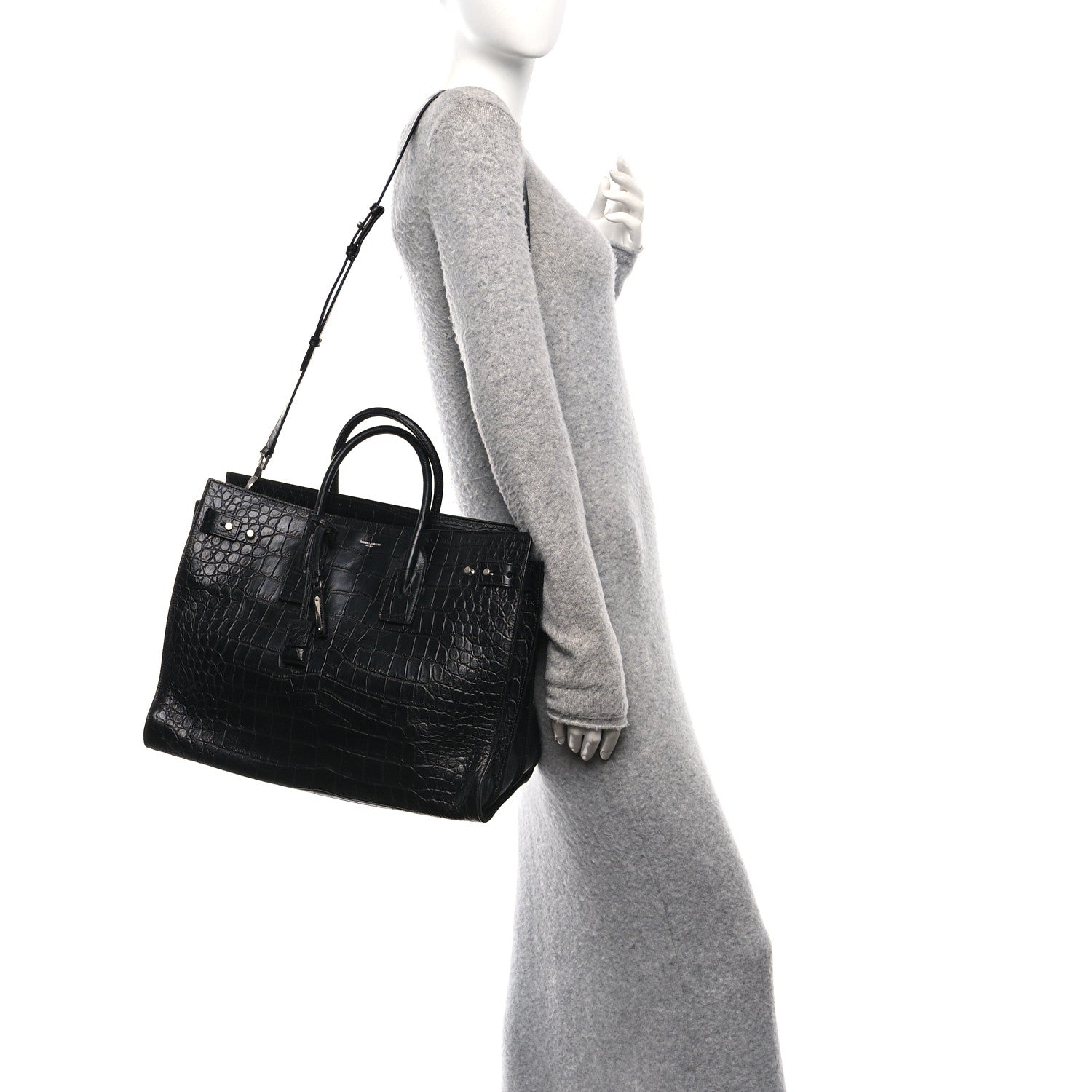 Saint Laurent Calfskin Crocodile Embossed Large Souple Sac De Jour Black 2 of 10
