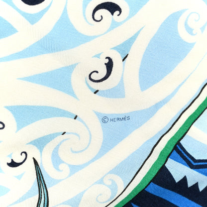 Hermes Cashmere Silk Kawa Ora Shawl 140 Ciel Bleu Jean Vert 3 of 6