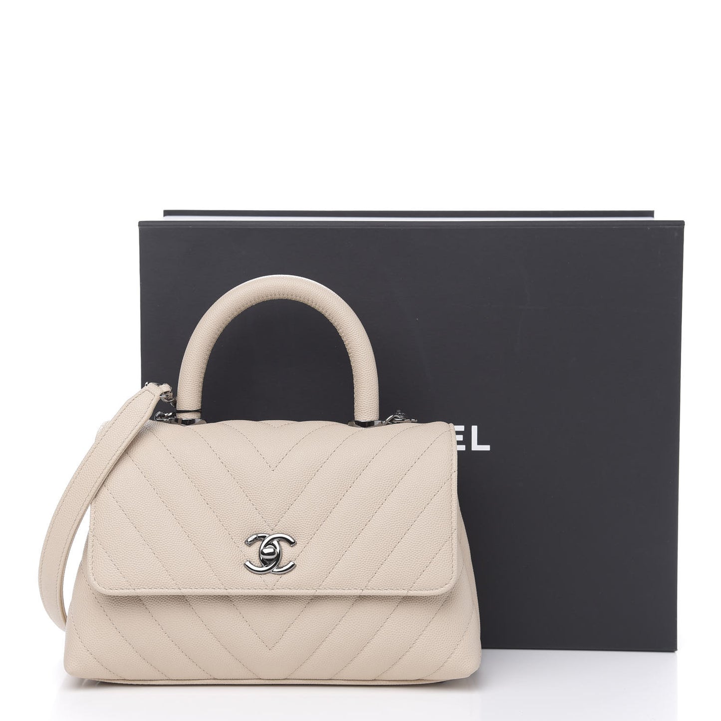 Caviar Chevron Quilted Mini Coco Handle Flap Beige