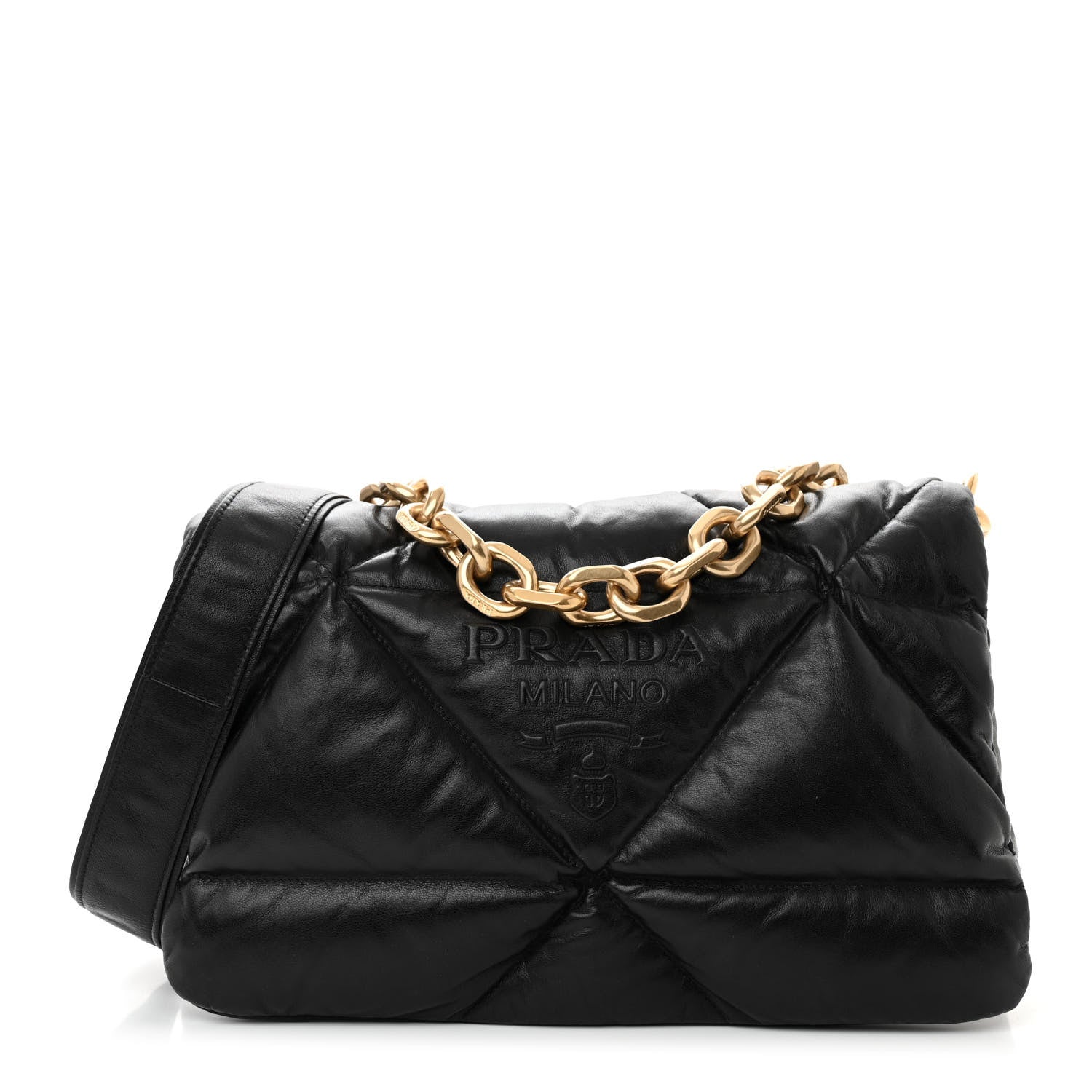 Prada Nappa Soft Padded Logo Embossed Triangle Quilted Shoulder Bag Black 1 of 10