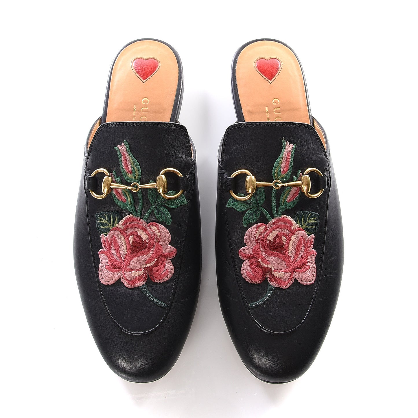 Calfskin Flower Embroidered Princetown Slippers 36.5 Black
