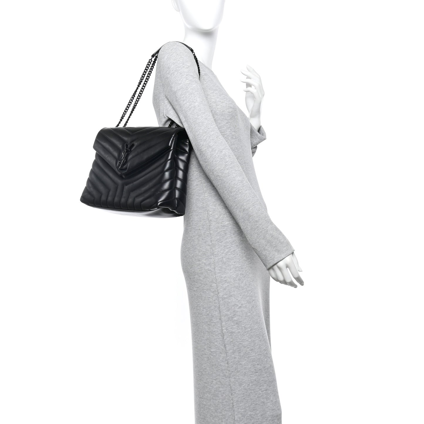 Calfskin Y Quilted Monogram Monochrome Medium Loulou Chain Satchel Black
