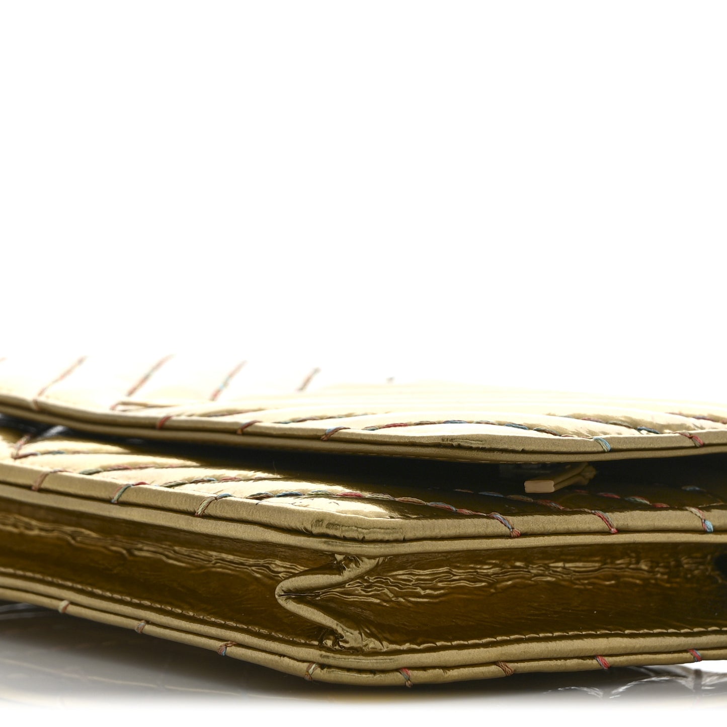 Metallic Aged Calfskin Chevron Quilted Multicolor Stitch Wallet On Chain WOC Gold