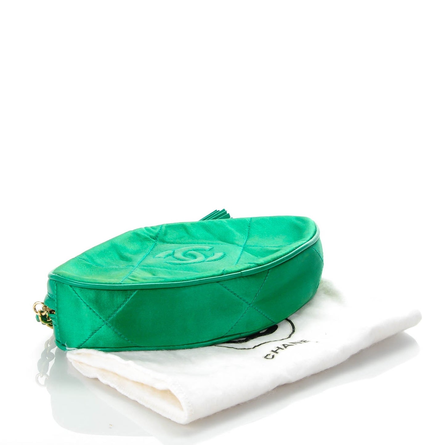 Satin Quilted CC Tassel Clutch Green