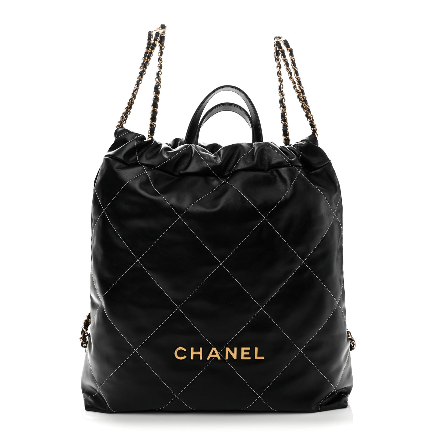 Shiny Calfskin Stitched Quilted Chanel 22 Backpack Black