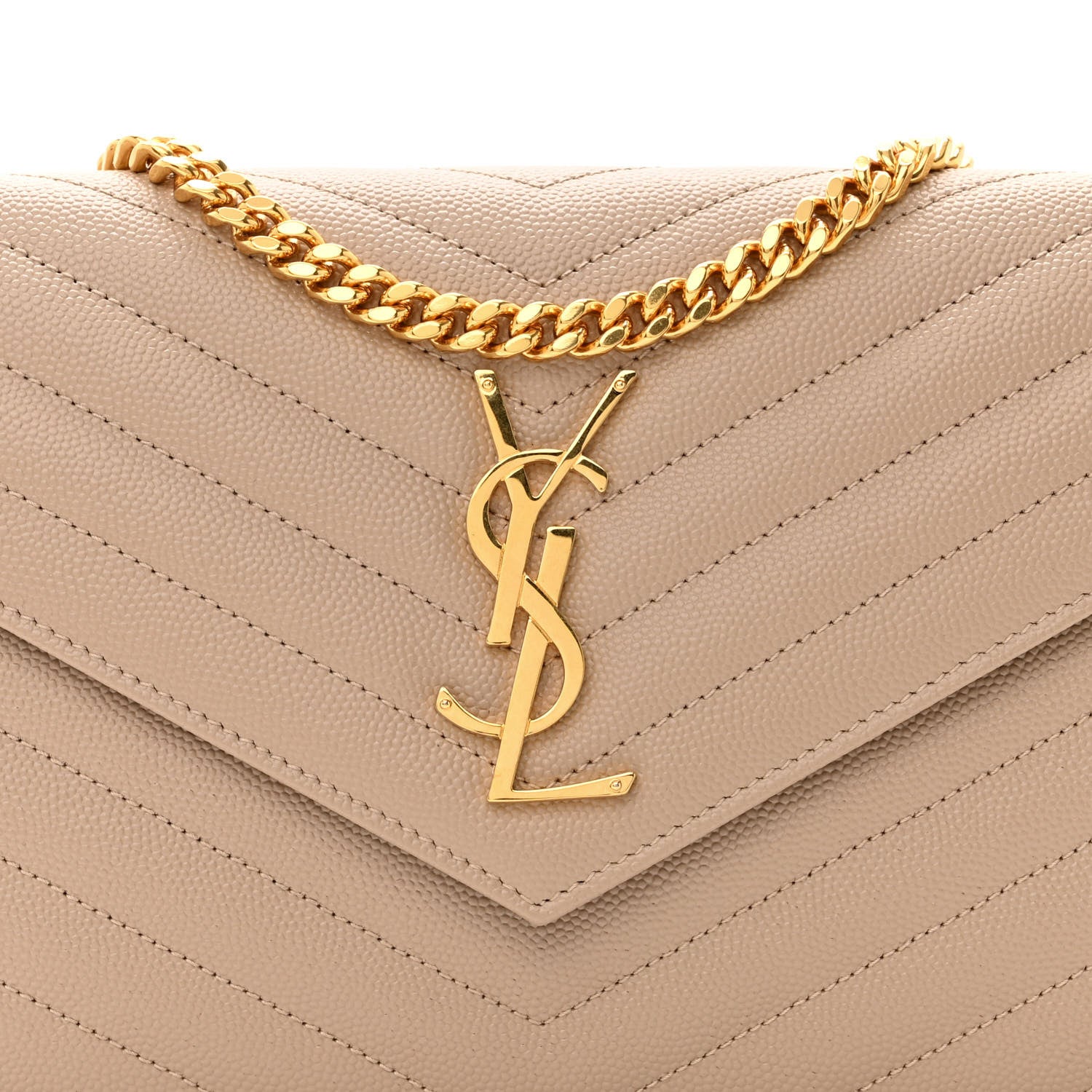 Saint Laurent Grain De Poudre Matelasse Chevron Monogram Chain Wallet Dark Beige 7 of 10