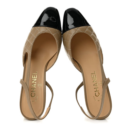 Chanel Lambskin Patent Calfskin Quilted Cap Toe CC Slingback Pumps 37.5 Beige Black 2 of 9