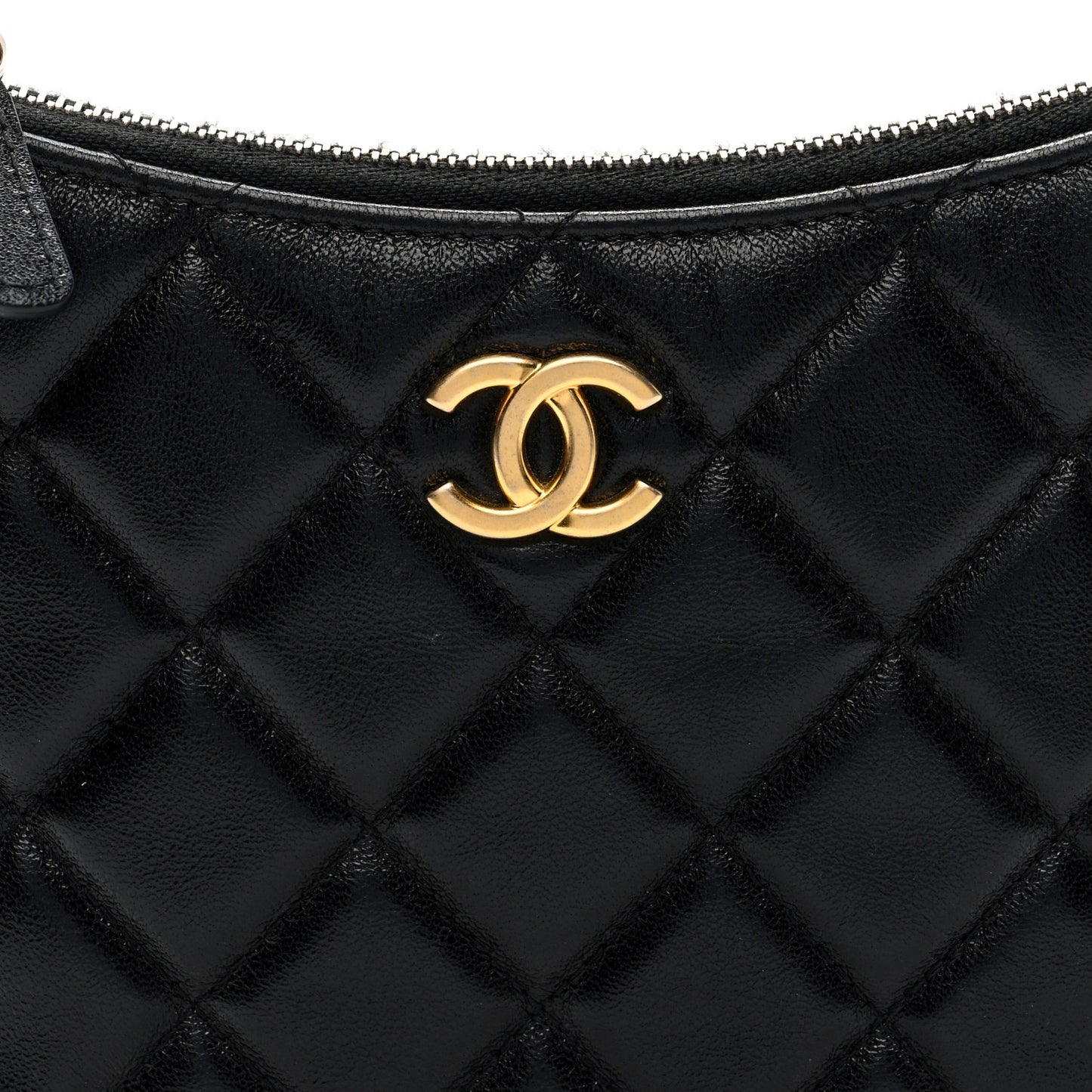 Shiny Crumbled Lambskin Quilted Round Small CC Hobo Black