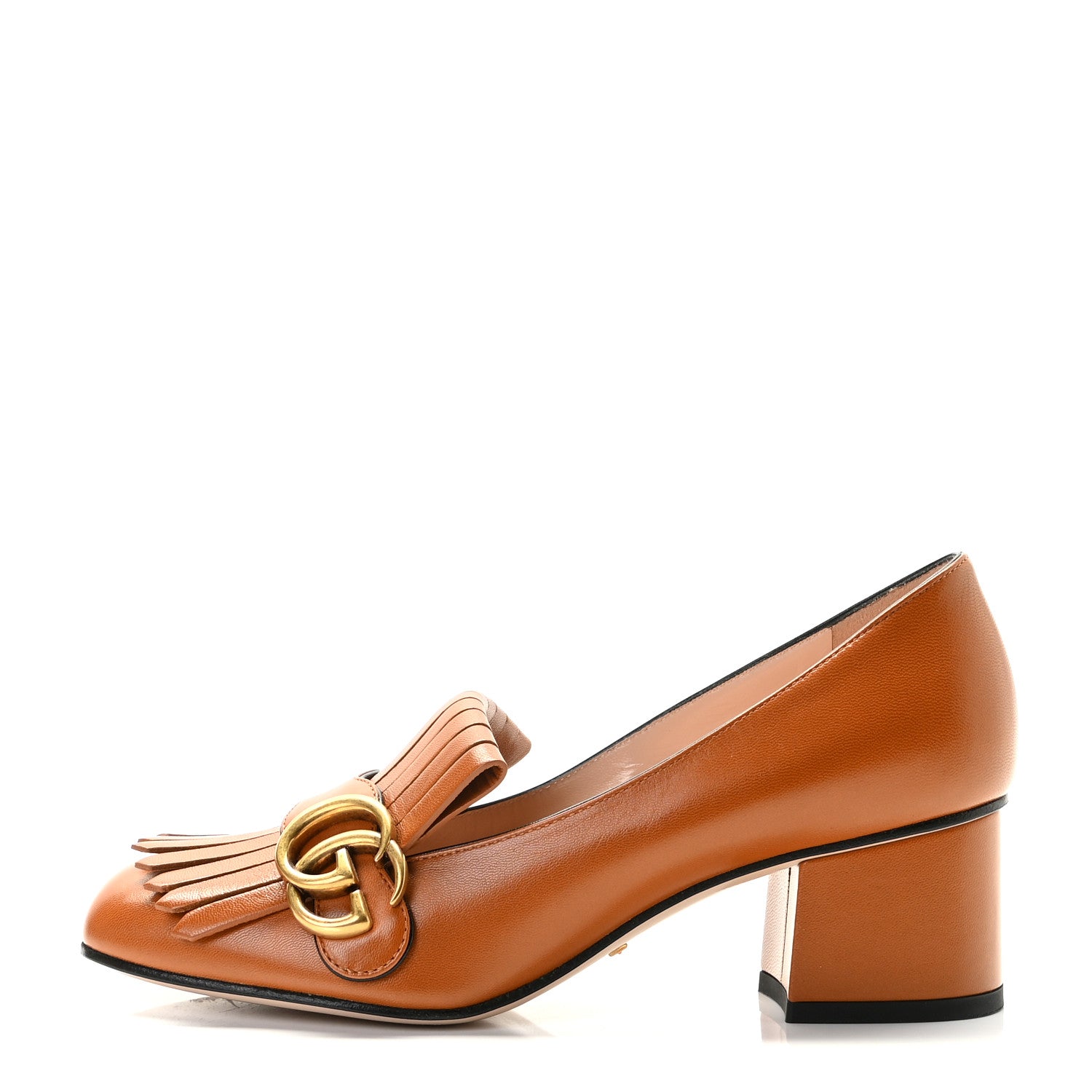 Gucci Malaga Kid GG Marmont Fringe 50mm Loafer Pumps 37 Cognac 1 of 8
