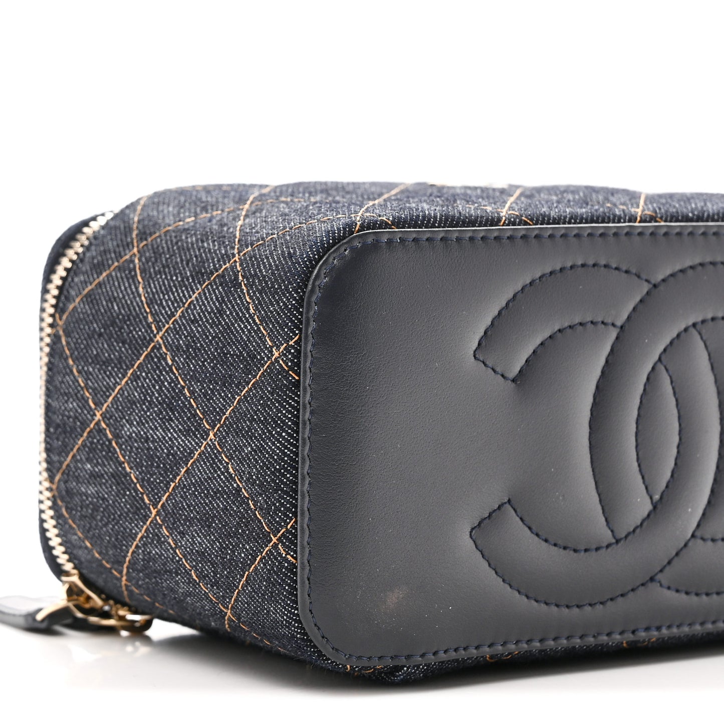Denim Quilted Small Vanity Case With Chain Dark Blue Orange
