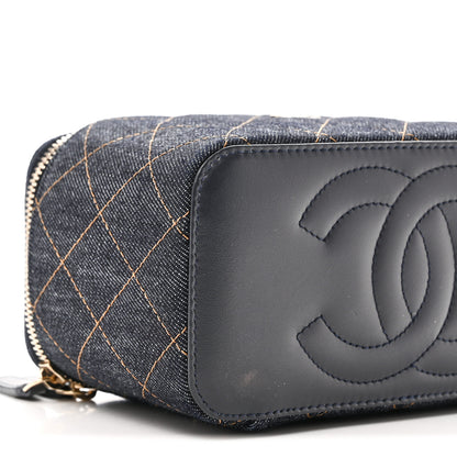 Chanel Denim Quilted Small Vanity Case With Chain Dark Blue Orange 9 of 11