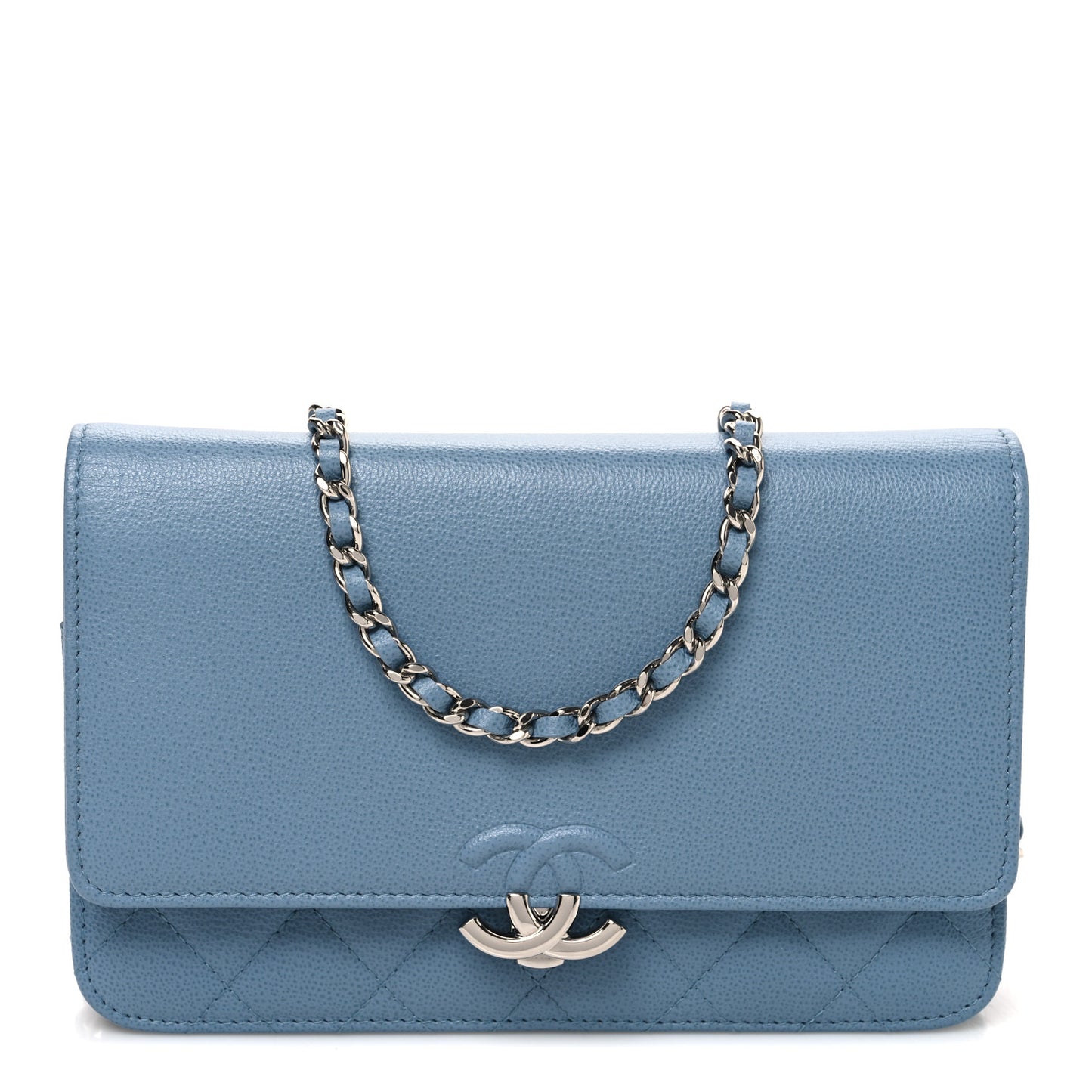 Grained Calfskin Quilted CC Box Wallet On Chain WOC Blue