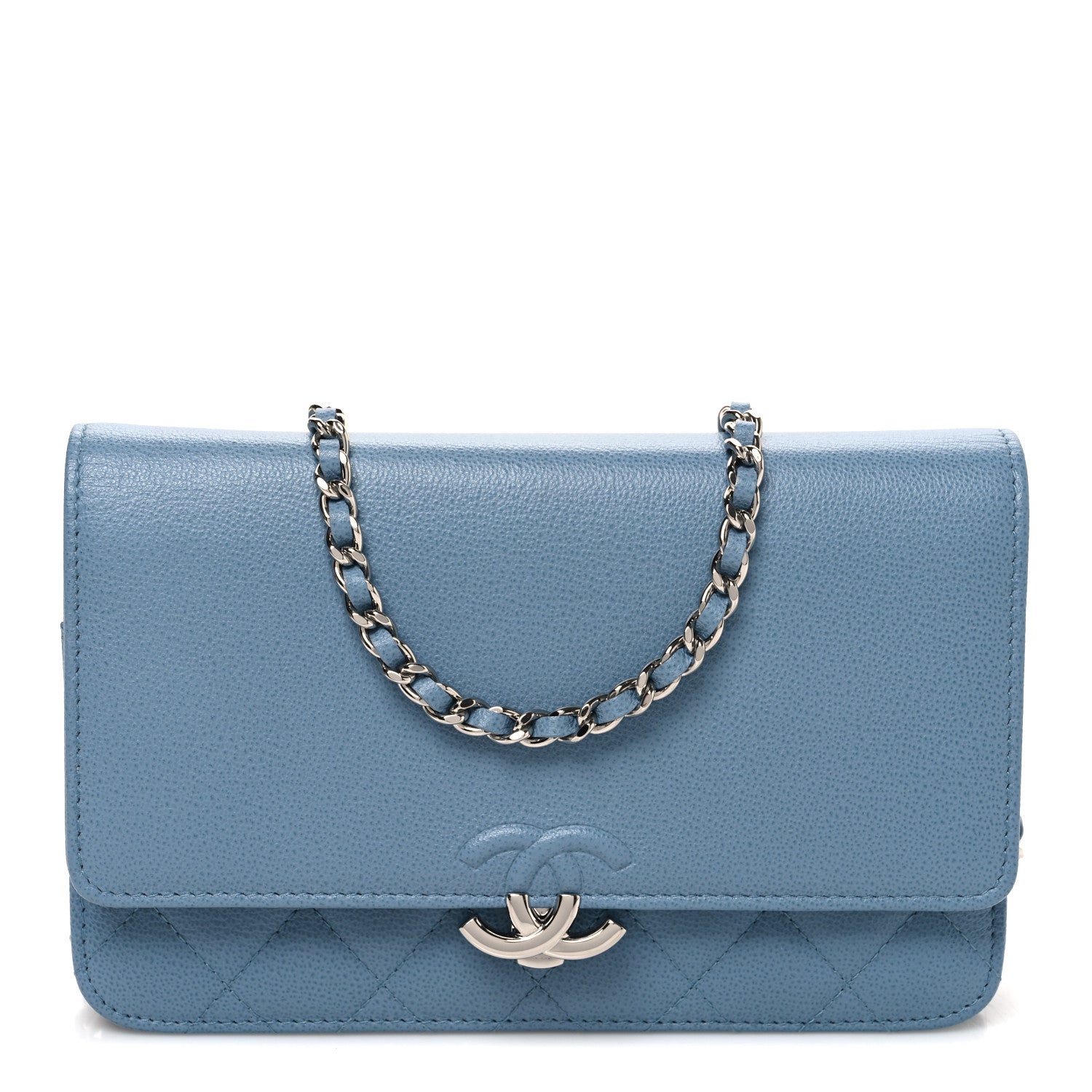 Chanel Grained Calfskin Quilted CC Box Wallet On Chain WOC Blue 1 of 11