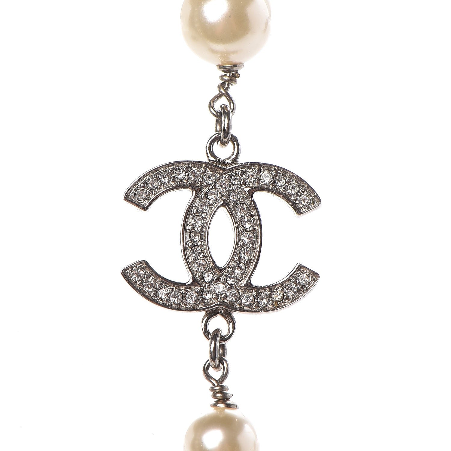 Chanel Crystal Pearl CC Long Necklace Silver 4 of 5