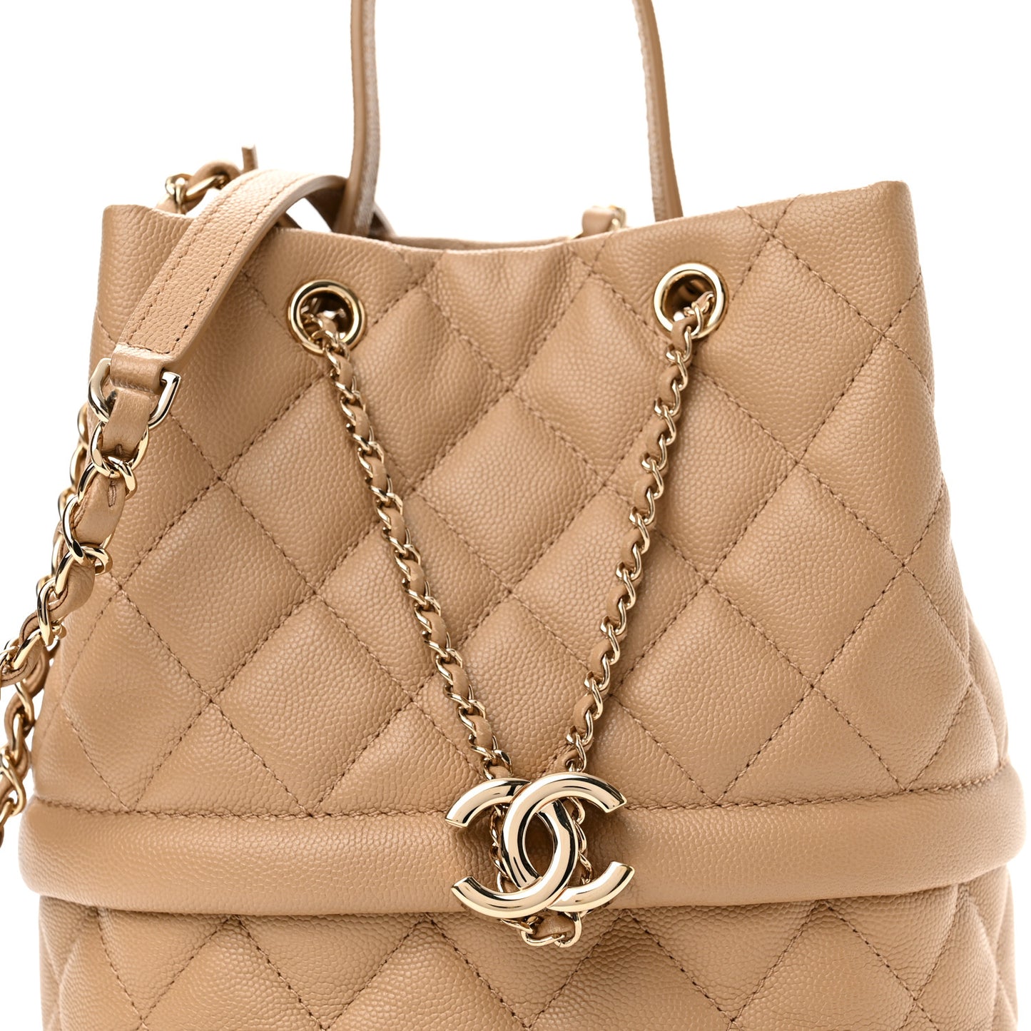 Caviar Quilted Rolled Up Bucket Drawstring Bag Beige