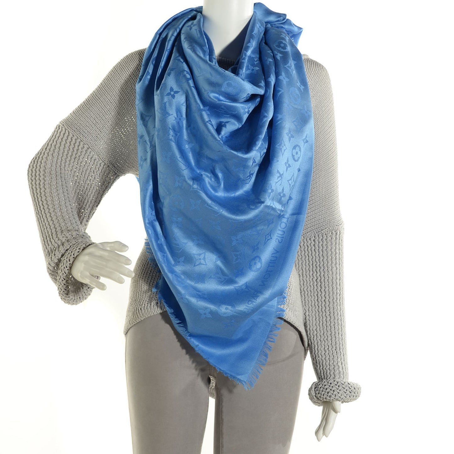 Wool Silk Monogram Shawl Bleuet