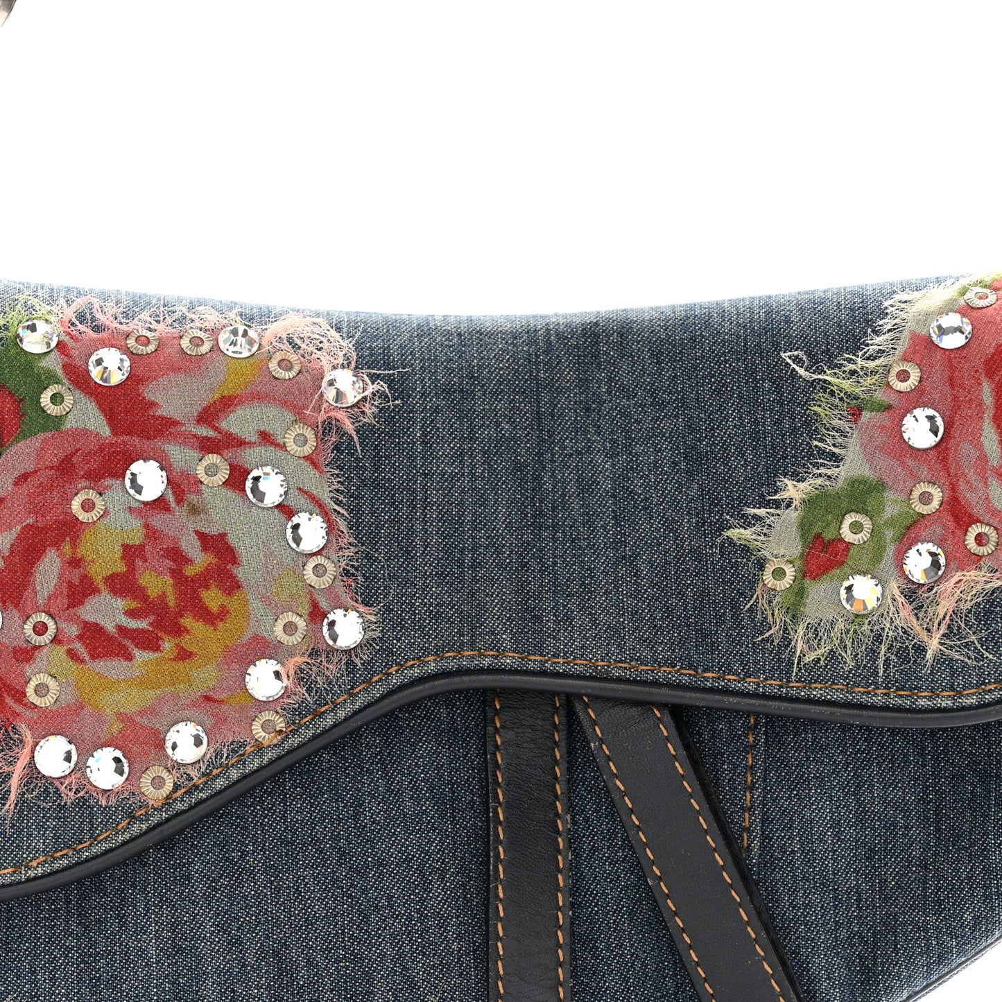 Denim Crystal Floral Embroidered Saddle Bag Multicolor