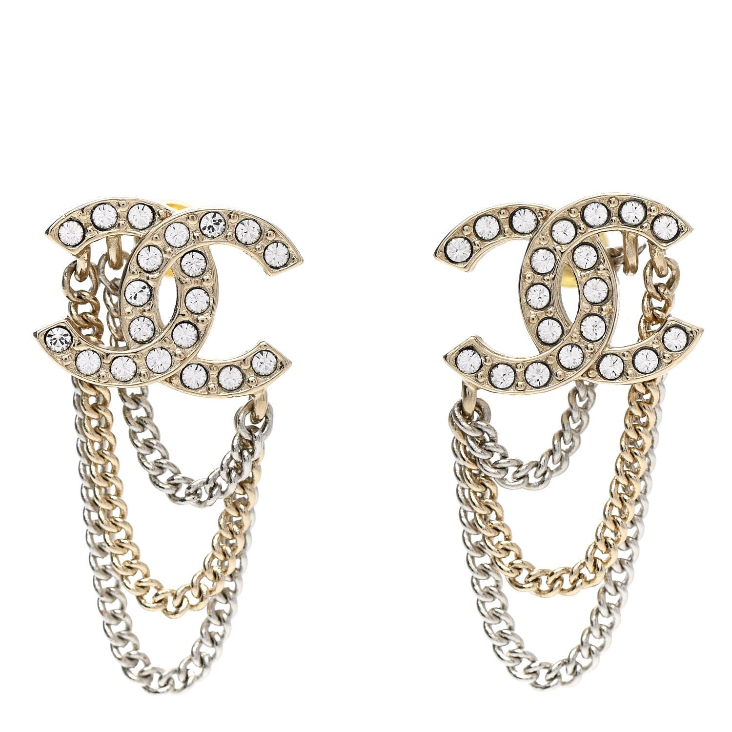 Chanel Crystal Chain CC Earrings Gold 1 of 5