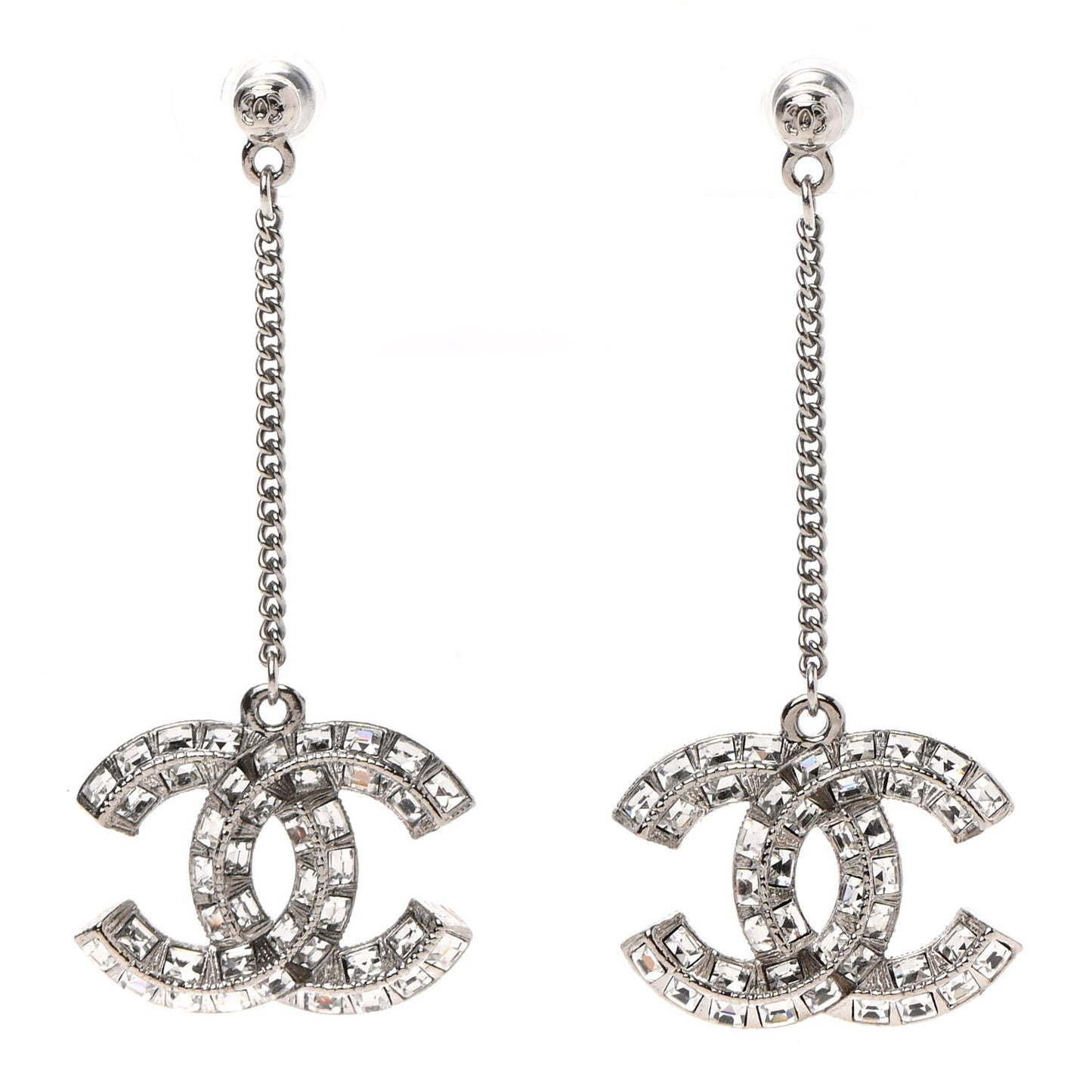 Baguette Crystal CC Drop Earrings Silver