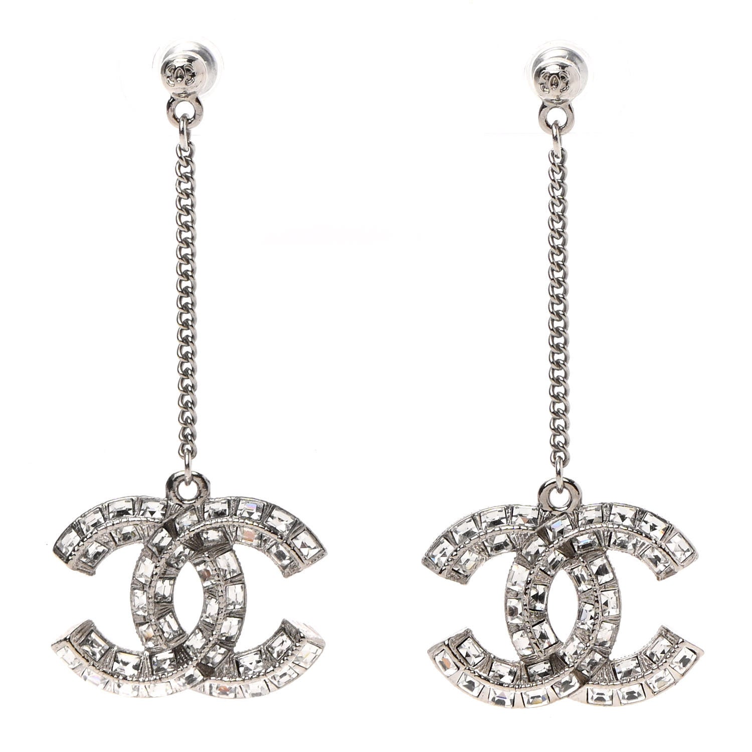 Chanel Baguette Crystal CC Drop Earrings Silver 1 of 5