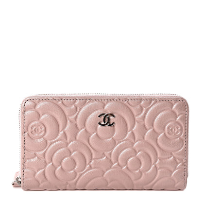 Chanel Goatskin Camellia Embossed Medium Zip Around Wallet Light Pink 1 of 9