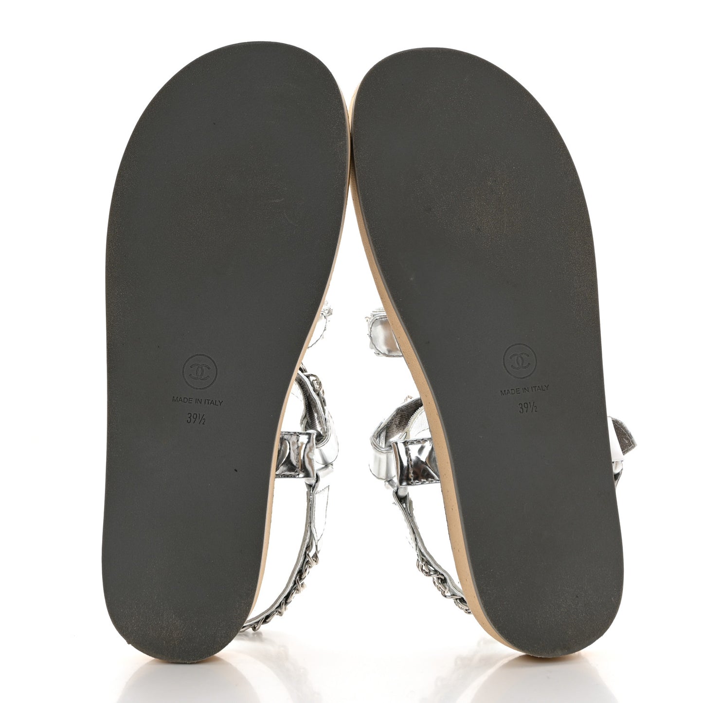 Metallic Laminated Goatskin Chain Flat Sandals 39.5 Silver