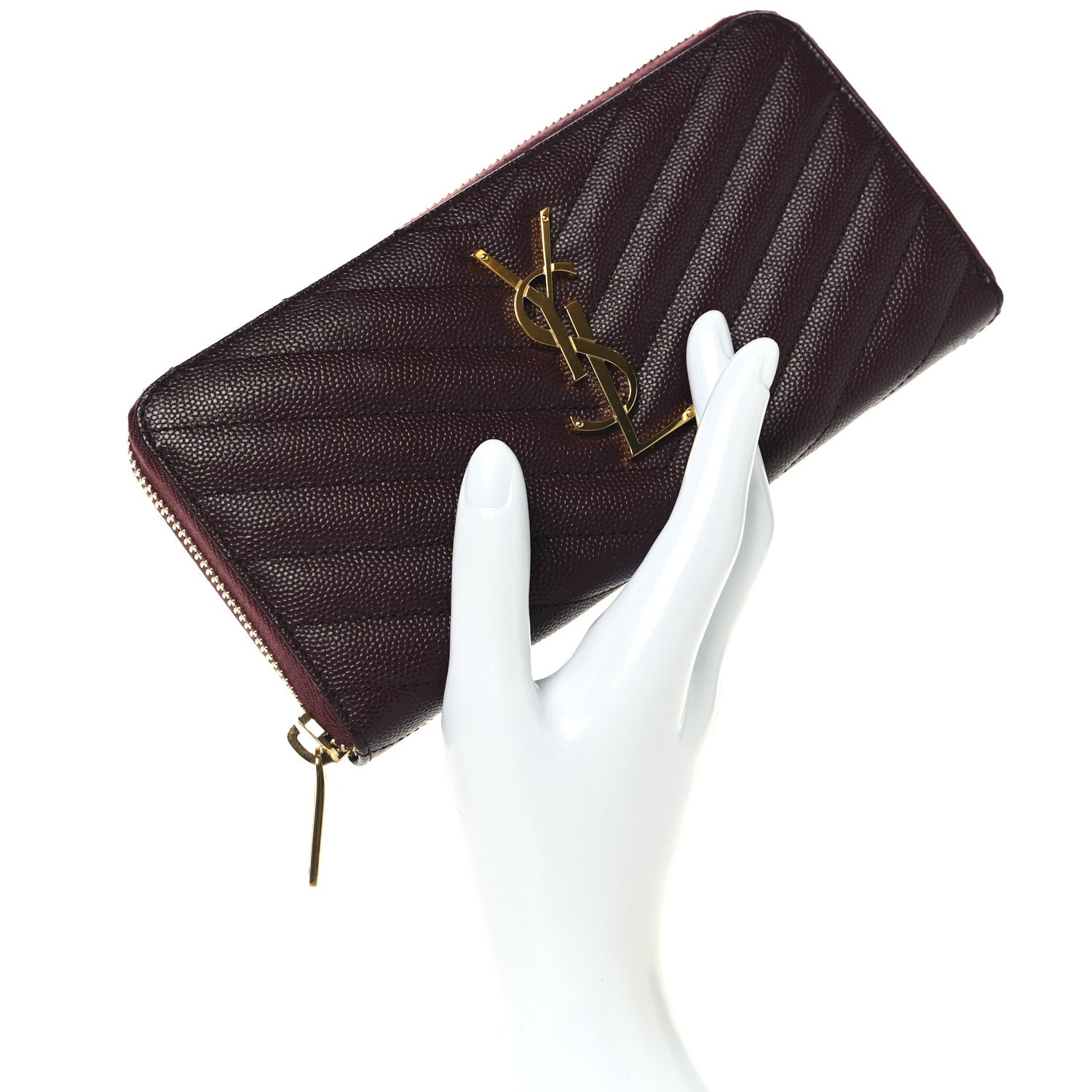 Saint Laurent Grain De Poudre Matelasse Chevron Monogram Zip Around Wallet Rouge Legion 2 of 7