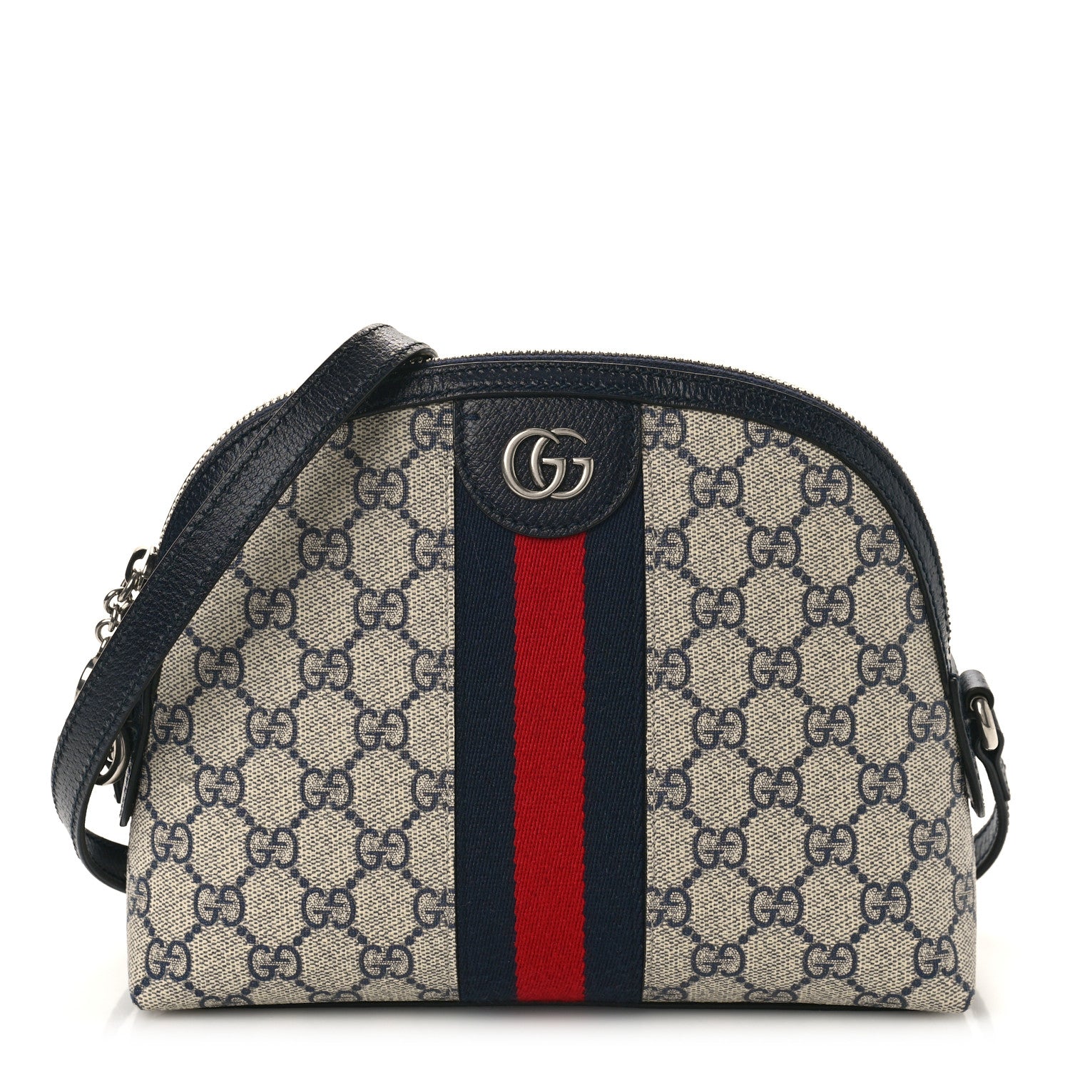 Gucci GG Supreme Monogram Textured Dollar Calfskin Web Small Ophidia Dome Shoulder Bag Beige Blue 1 of 8